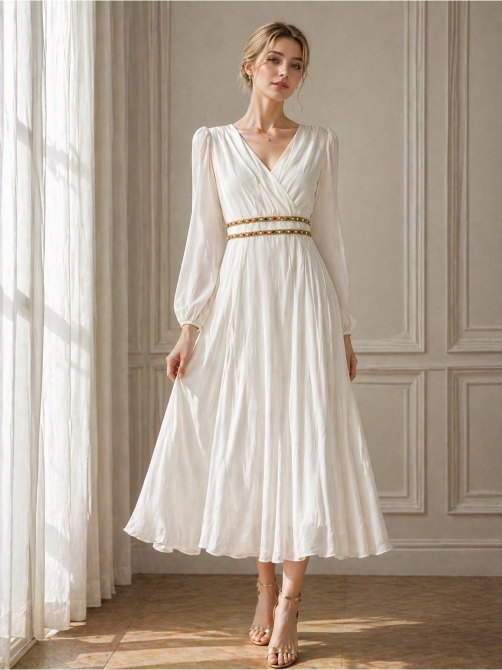 Ivory Chiffon Wrap Midi Dress with Embroidered Waist Trim Soft Flowing Fabric
